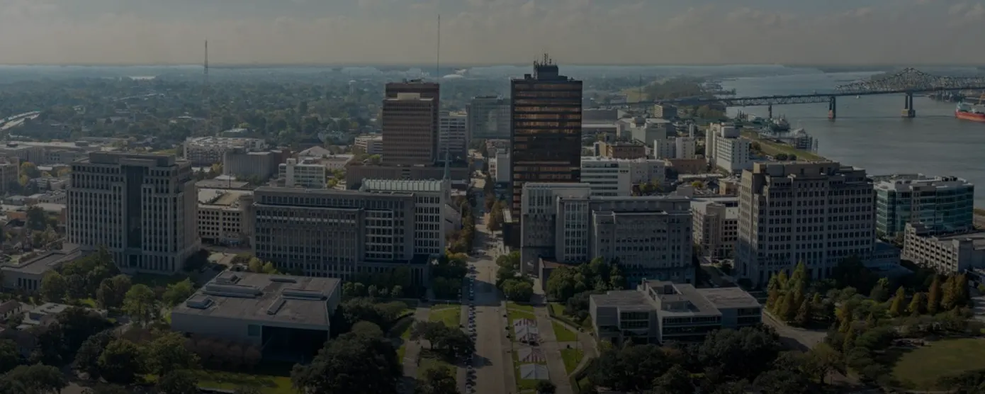 Aerial view of Baton Rouge, Louisiana cityscape showcasing top internet providers in Baton Rouge, LA with smart speed and reliable service options.