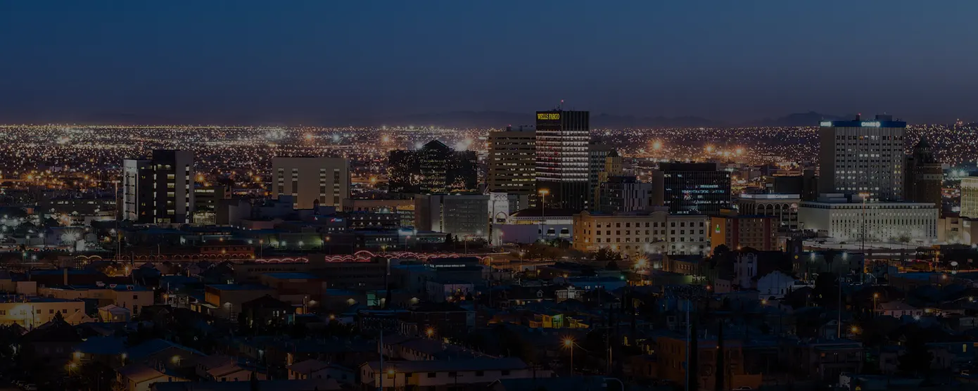 Aerial view of El Paso, Texas, showcasing the cityscape and surrounding desert landscape, used as a banner image for internet providers in El Paso, TX.
