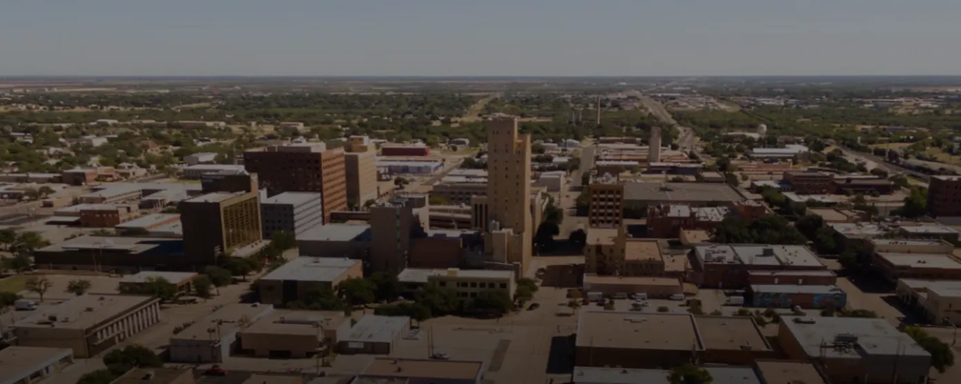 Aerial view of Lubbock, Texas, showcasing the city layout and surrounding landscape, used as a banner image for internet providers in Lubbock, TX.