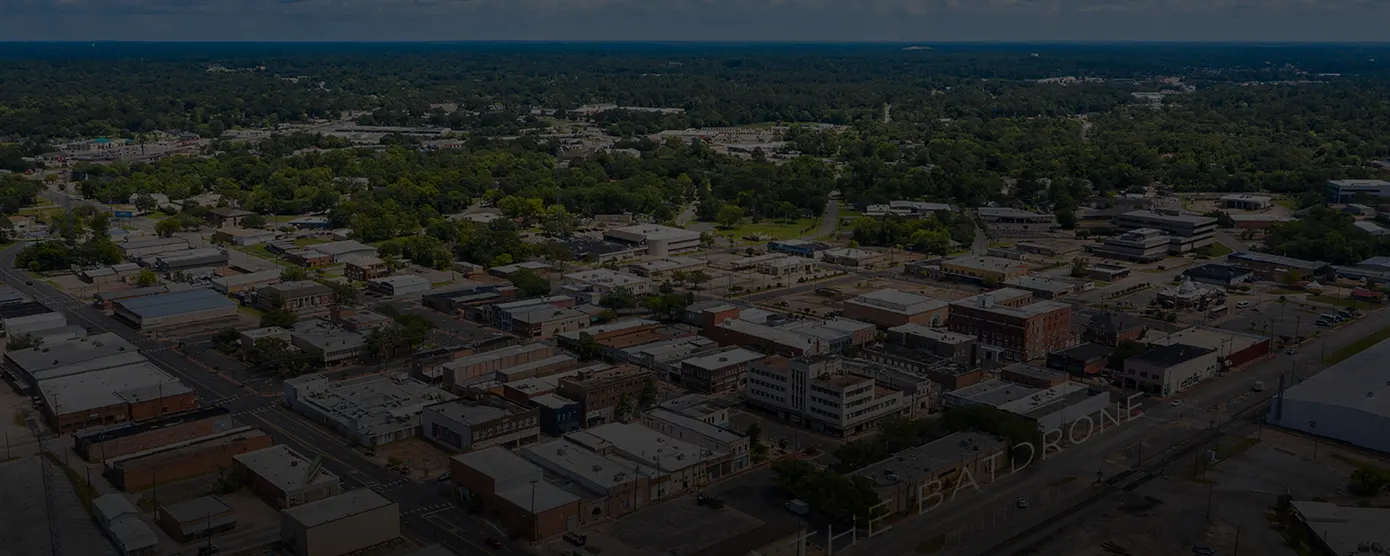 Aerial view of Lufkin, Texas, highlighting the cityscape and surrounding greenery, used as a banner image for internet providers in Lufkin, TX.