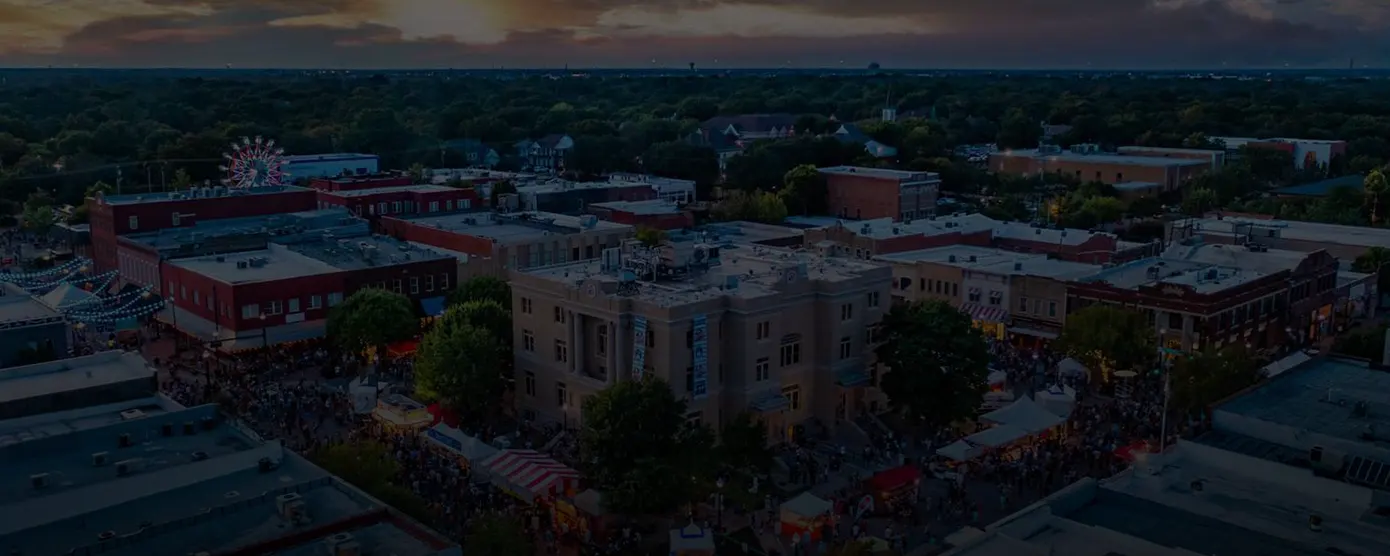 Aerial view of McKinney, Texas, featuring the city layout and surrounding neighborhoods, used as a banner image for internet providers in McKinney, TX.