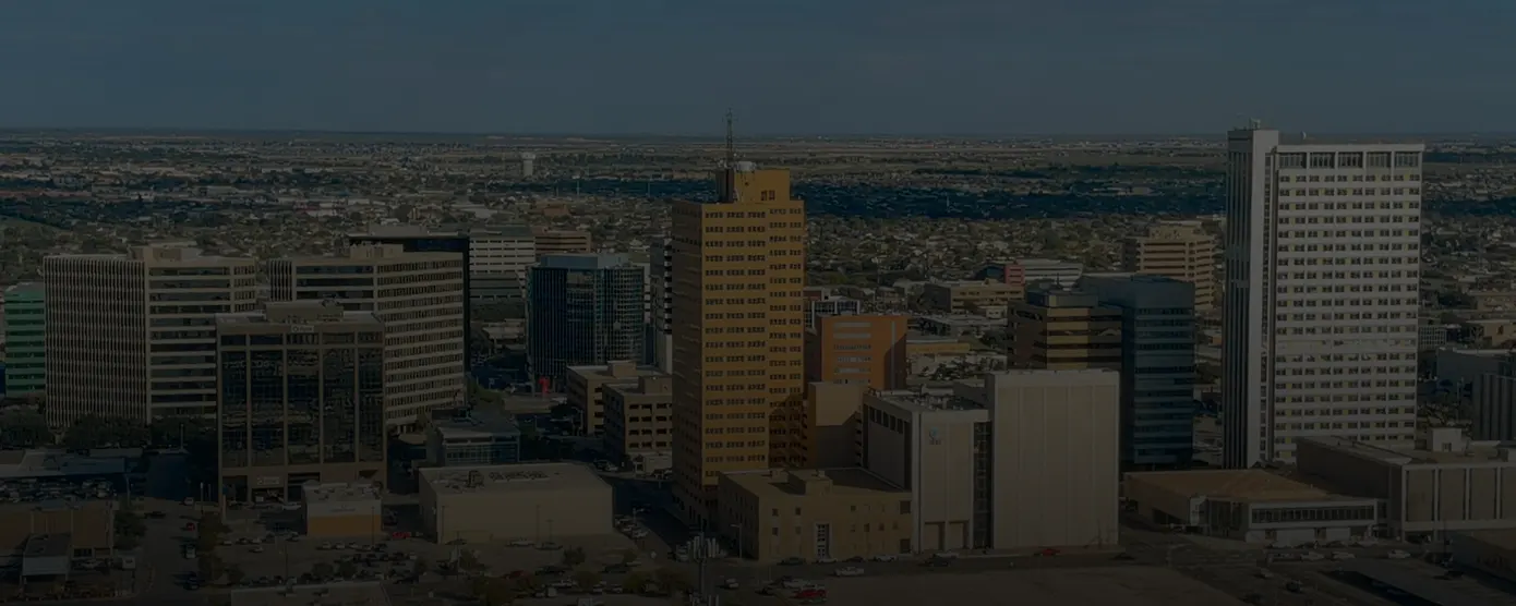 Aerial view of Midland, Texas, highlighting the cityscape and surrounding landscape, used as a banner image for internet providers in Midland, TX.