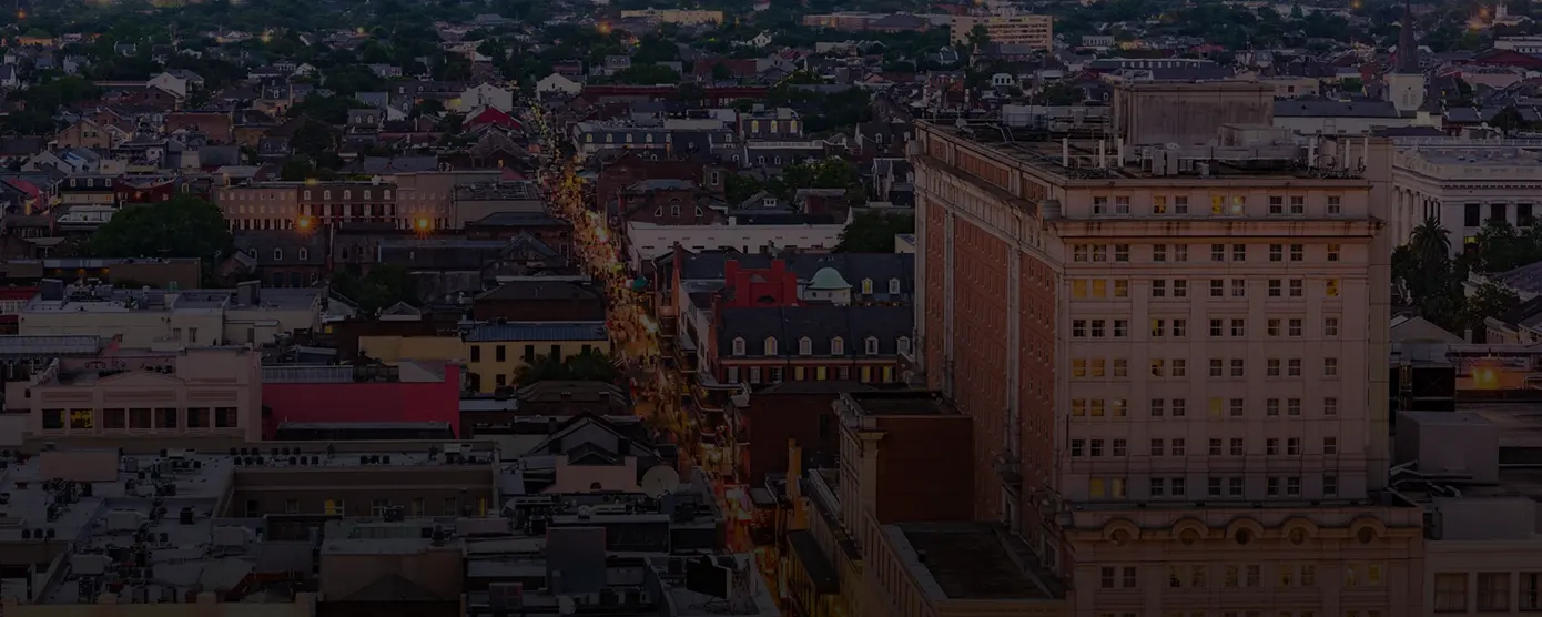 Aerial view of New Orleans, Louisiana, showcasing the cityscape, waterways, and surrounding neighborhoods, used as a banner image for internet providers in New Orleans, LA.