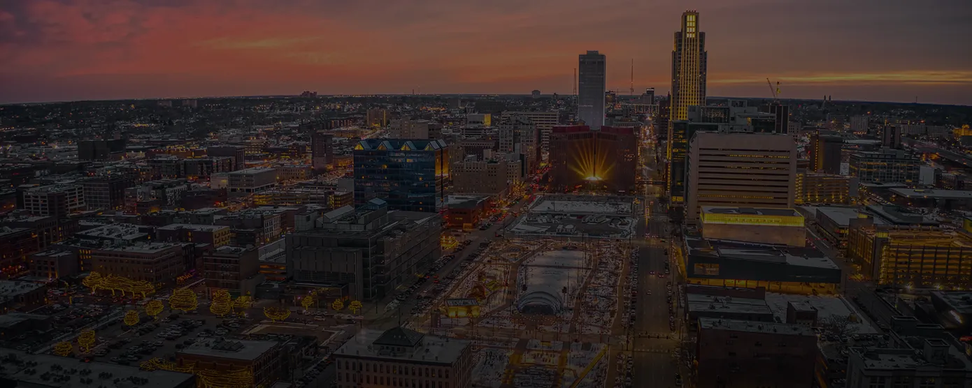 Scenic aerial photo of Omaha downtown buildings and skyline, featured on a page highlighting the best internet providers in Omaha, Nebraska.
