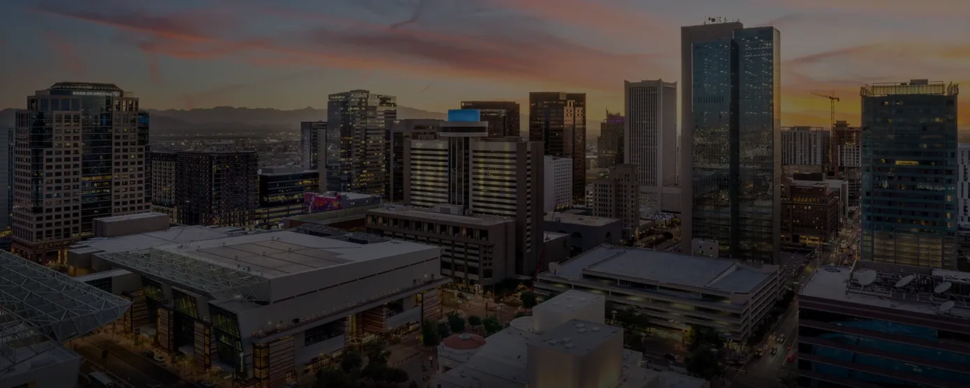 Downtown skyline of Phoenix, AZ captured from above, featured as banner image for internet providers in Phoenix, Arizona.