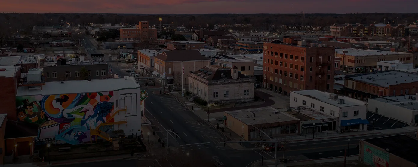 Aerial view of Ruston, Louisiana, showing the city layout with buildings and greenery, representing internet providers in Ruston, LA.