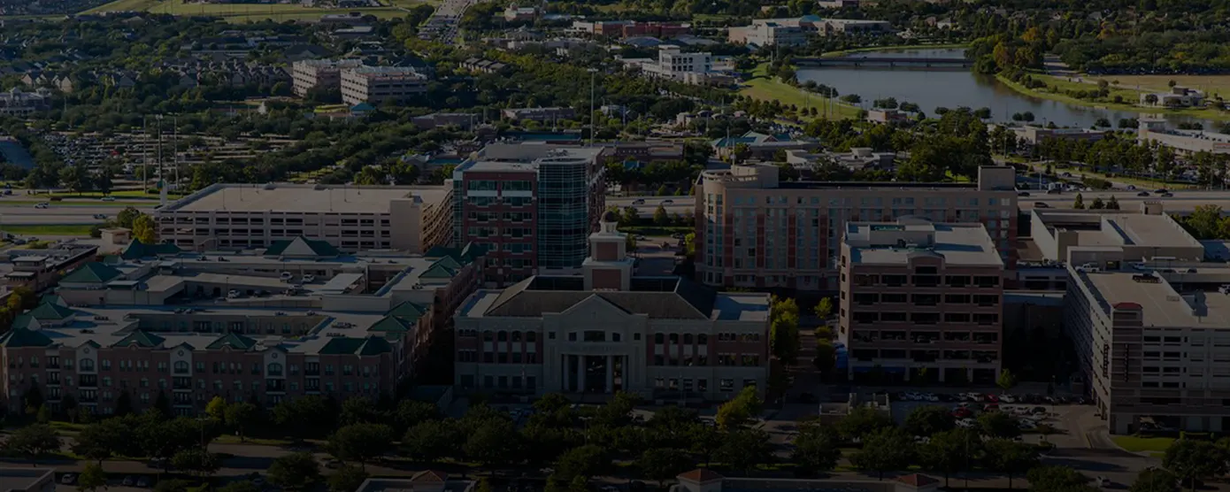 Aerial view of Sugar Land City Hall and surrounding cityscape, representing Best Internet Providers in Sugar Land, TX.