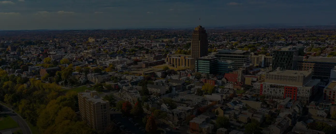 Aerial view of downtown Allentown, Pennsylvania, showing city buildings and streets with banner text “Get Matched with the Best Internet Providers in Allentown, PA.”