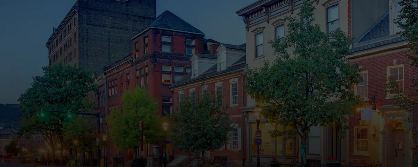 Aerial view of Bethlehem, Pennsylvania, showcasing downtown city buildings, commercial areas, and local architecture.