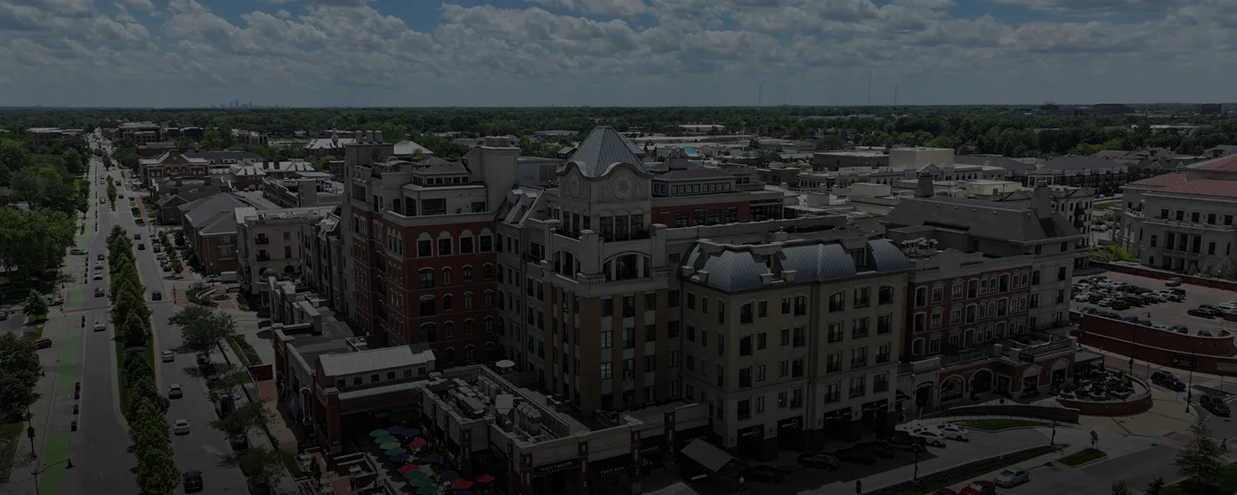 Aerial view of Carmel, Indiana, highlighting city streets and neighborhoods, used as a banner for “Compare Internet Providers in Carmel – Your Guide with Talk Walk Connection.