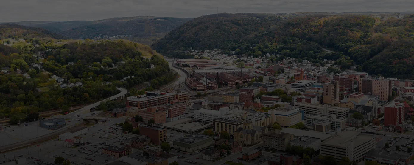 Aerial view of Johnstown, Pennsylvania, showcasing the city landscape and neighborhoods, featured in a guide about Internet Providers in Johnstown, PA – Trusted Connections, Zero Guesswork.