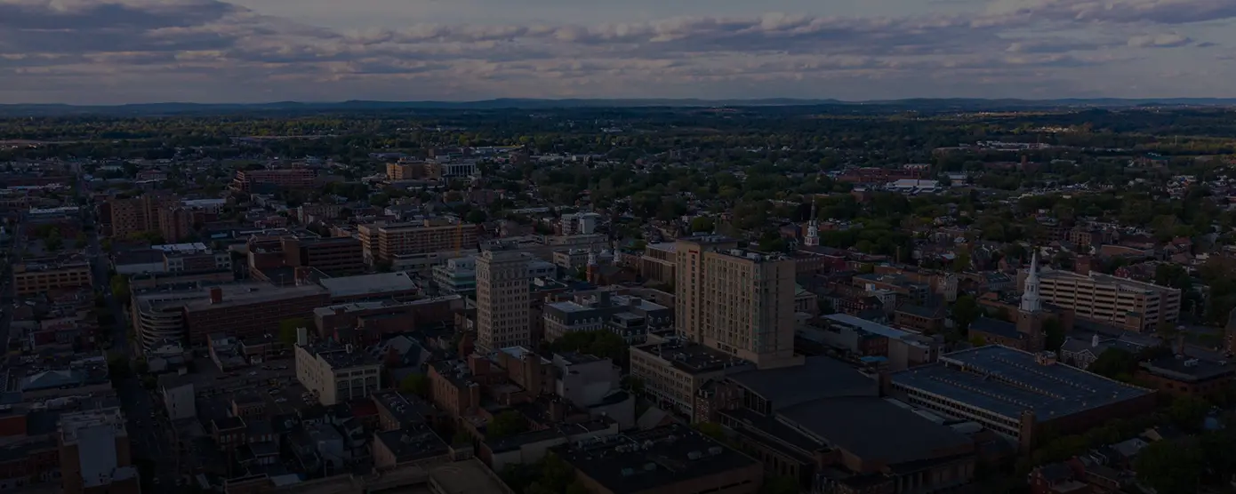 Aerial view of Lancaster, Pennsylvania, showcasing downtown buildings, historic architecture, and surrounding neighborhoods, representing top internet providers in Lancaster, PA.
