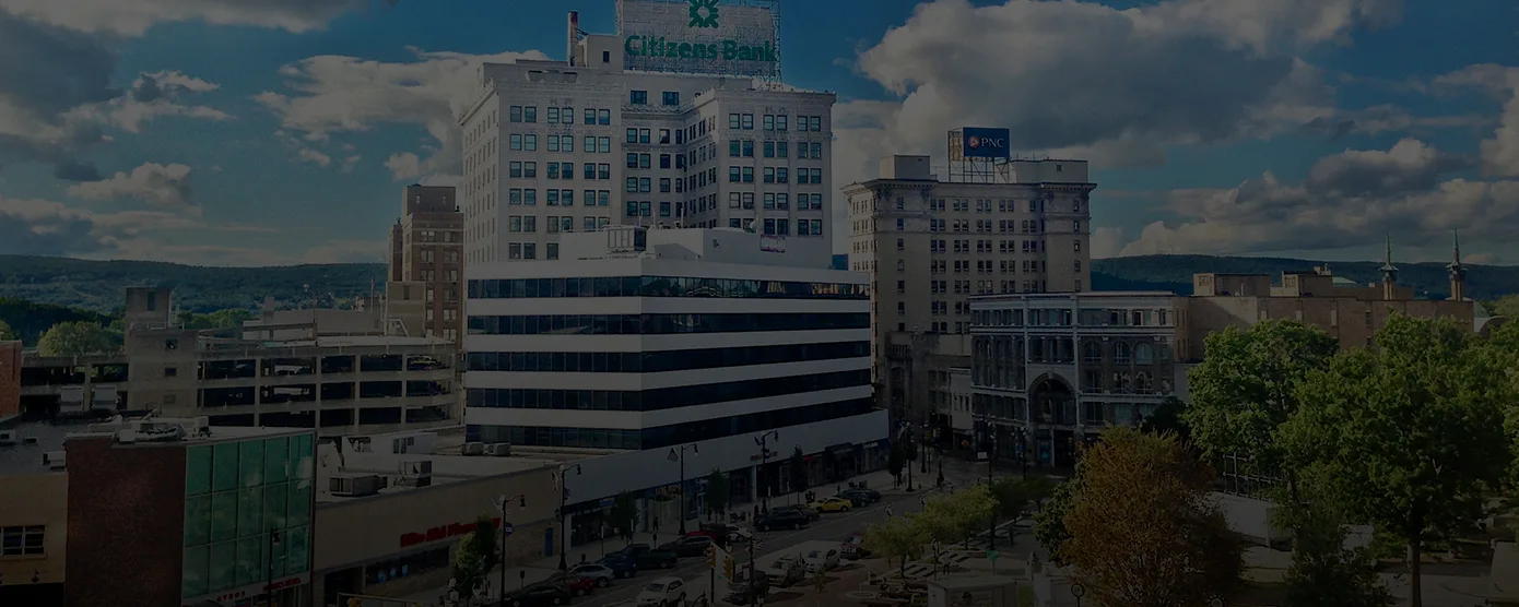 Aerial view of Wilkes Barre, Pennsylvania, showcasing the city landscape, featured in a guide about Internet Providers Wilkes Barre: Where Wi-Fi Woes Go to Die.