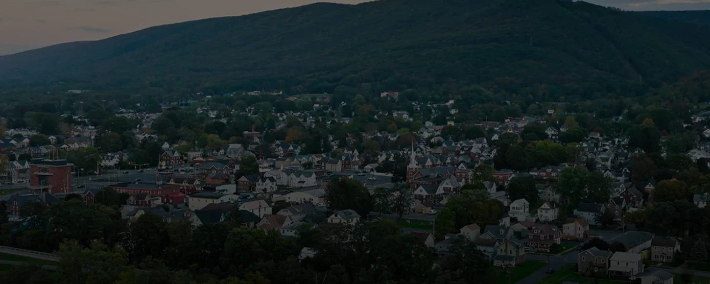 Aerial view of Williamsport, Pennsylvania, highlighting the city and neighborhoods, featured in a guide about Internet Providers in Williamsport, PA – Your Guide with Talk Walk Connection.