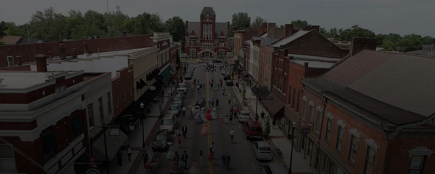 Scenic view of Bardstown, Kentucky with digital network overlay representing local internet providers.